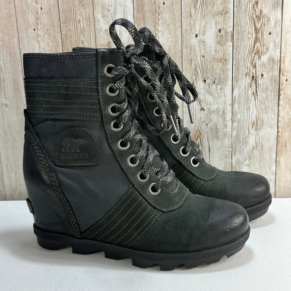 Sorel Lexie Boots Womens 7 Black Lace Up Hidden Wedge Casual Comfort Leather - Picture 1 of 7